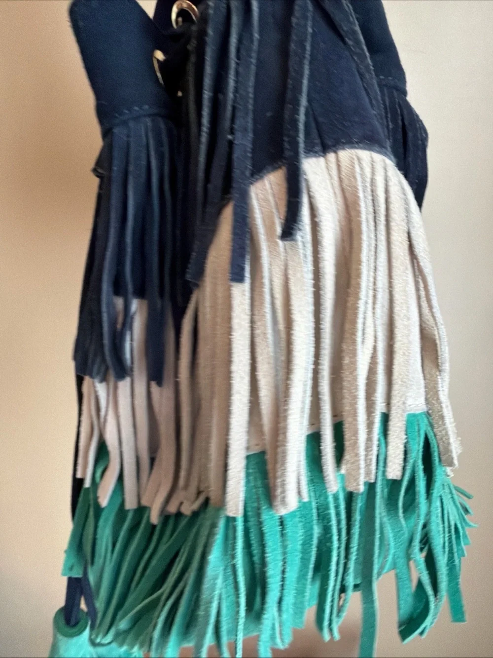 Boden Fringe leather Drawstring Bucket Bag Blue Taupe Teal Festival Western Boho